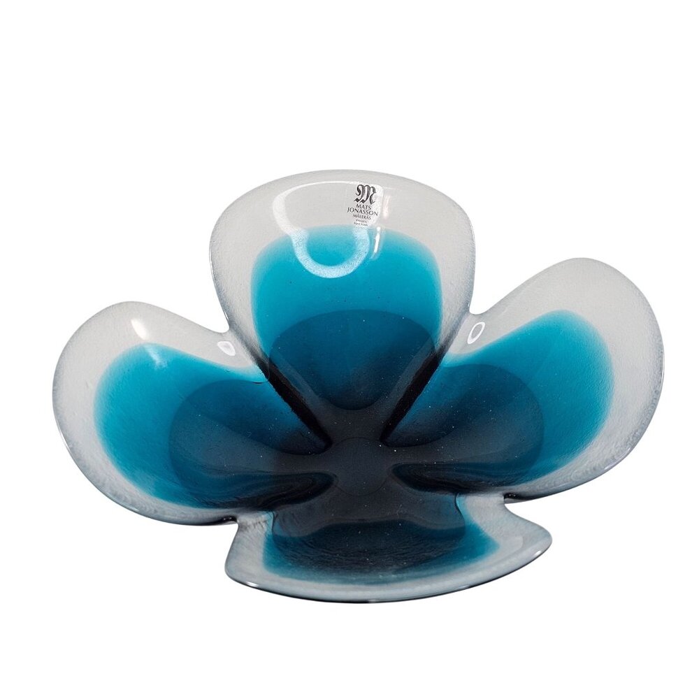 Mats Jonasson Maleras Blue Four Leaf Clover Flower Lucky Bowl Made In Sweden